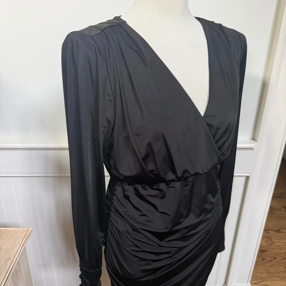 Cache Womens Black Ruched Bodycon Cocktail Dress Long Sleeve V-Neck Size S - Picture 2 of 8